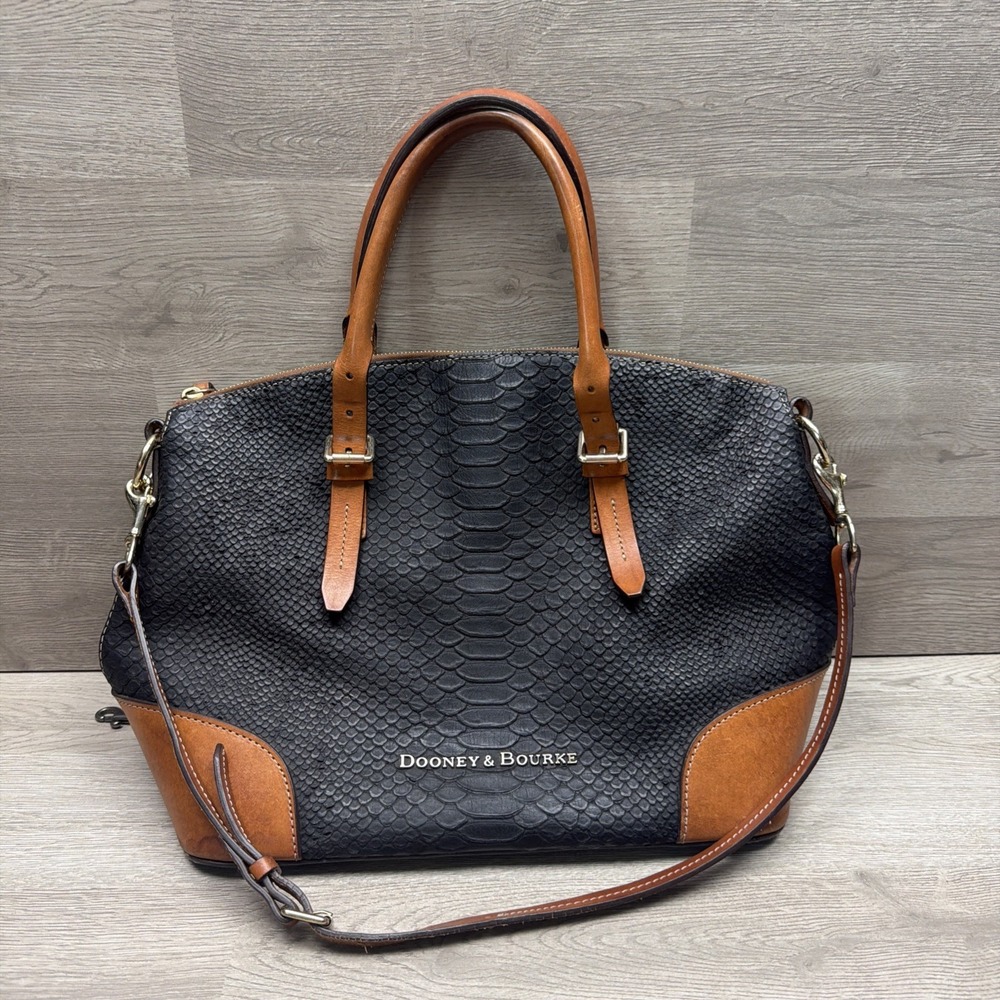Dooney & Bourke Python Embossed Leather Satchel Brown/Black Tassel Shoulder Bag